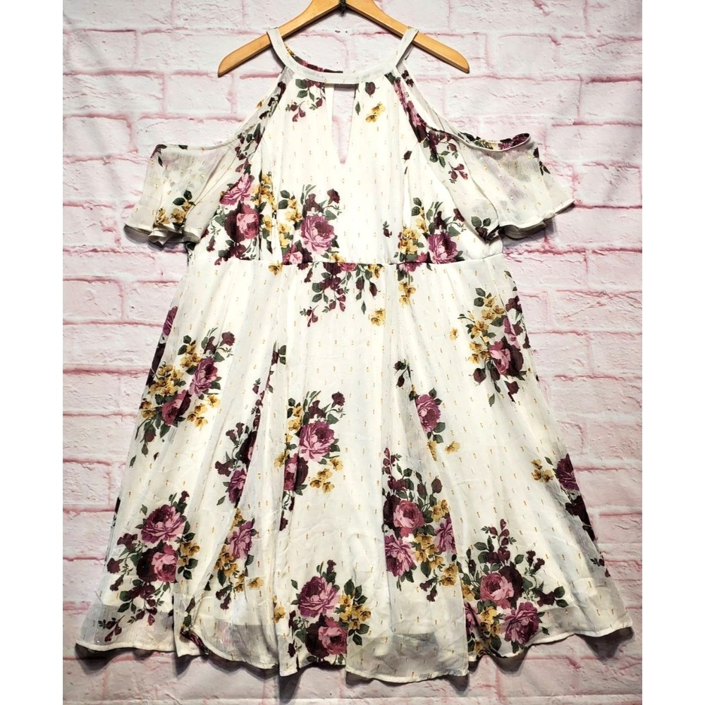 Torrid 22 Floral Cold Shoulder Halter Dress Gold Metallic Clip Dot White Purple